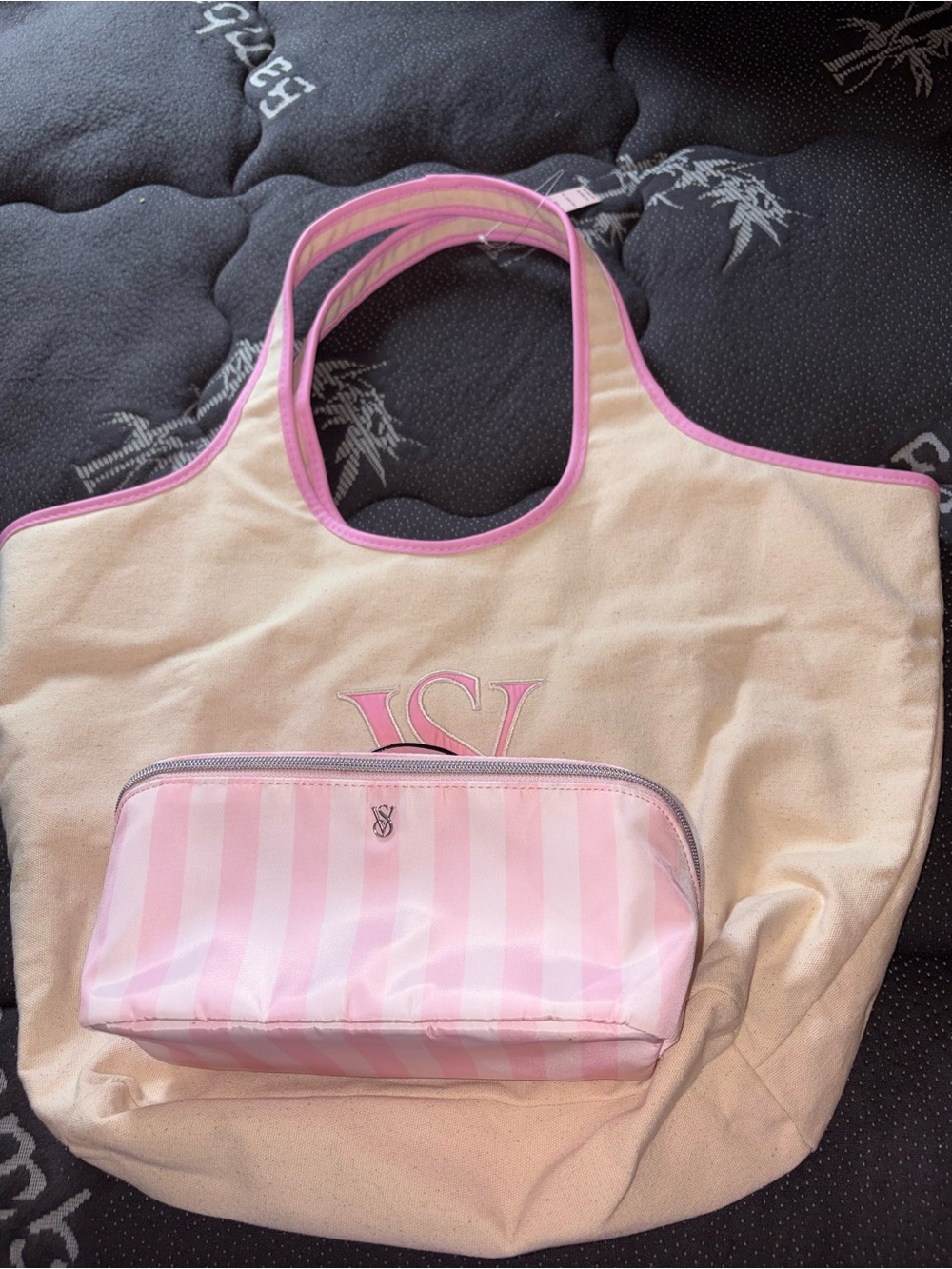 Pink & Cream Tote Bag with Striped Cosmetic Pouch Victoria Secret Bundle